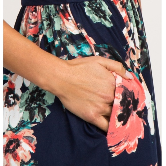 Navy Blue Floral Short Sleeve Maxi Dress - Picture 6 of 6